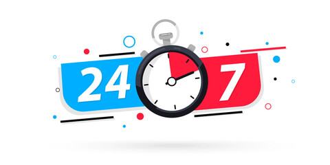 Stopwatch icon, 24/7 service. 24-7 open concept vector illustration. 24/7 Hours a day service icon. 24 hours a day and 7 days a week. Support service Vector stock illustration. Twenty four hour open