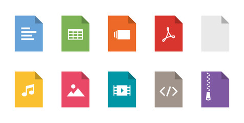 File types flat icon set. Vector file format pictograms pack. - obrazy, fototapety, plakaty