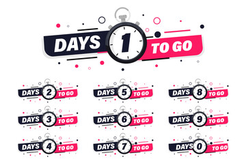 Days Left Badges and Stickers. Count time sale. Number of days left. Countdown left days banner. Count down vector banner template. Nine, eight, seven, six, five, four, three, two, one, zero days left