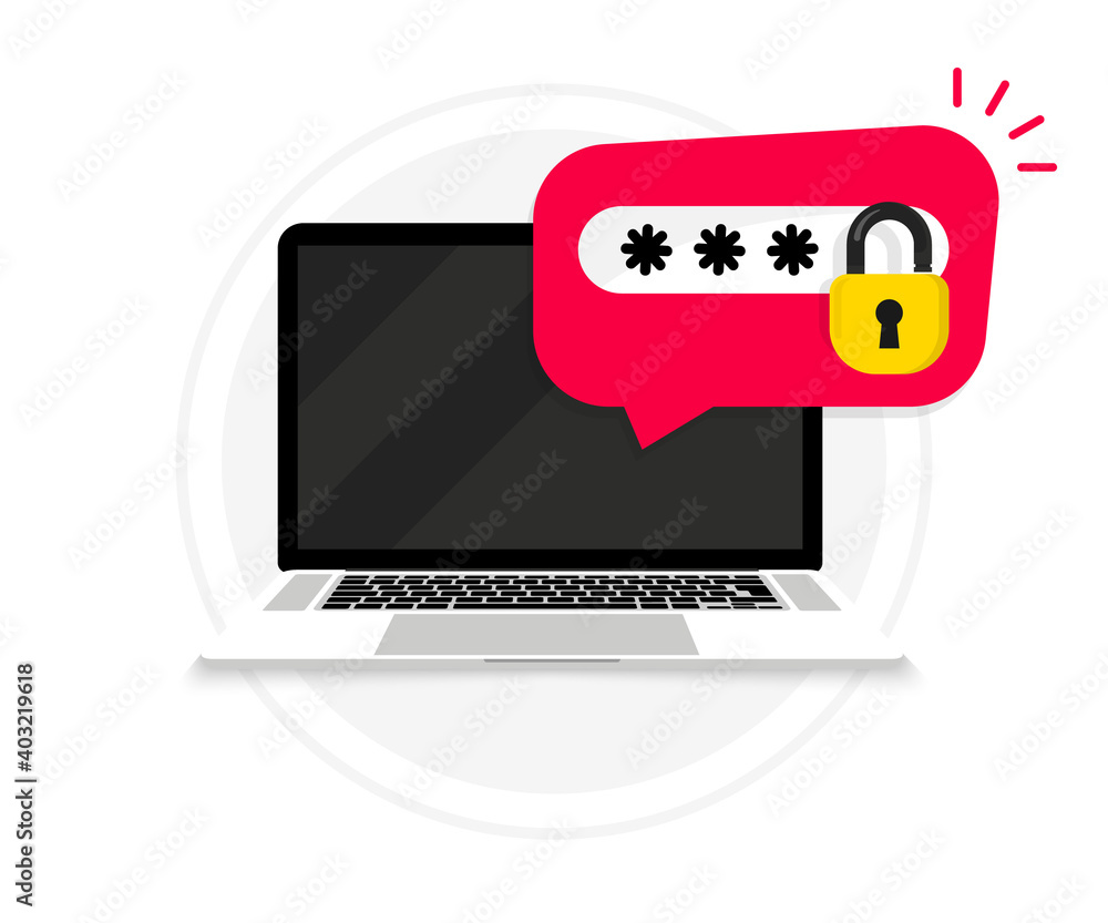 Poster Laptop with password notification and lock icon. Password secure access. Forgot account. PC with lock and password. Security, user authorization, personal access, protection or authorization