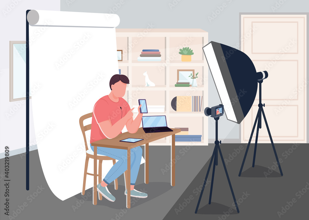 Poster making devices review flat color vector illustration. filming videos for online video blog. blogger 