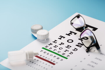 Fototapeta premium Vision checks and prevention, glasses, lenses and drops for vision correction on a blue background