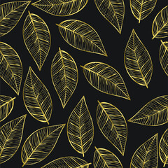Golden hand drawn flower leafs pattern design for wallpaper, textile, background