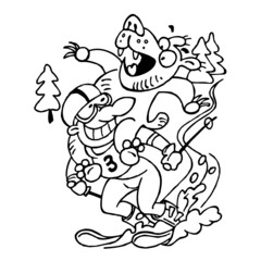 Downhill skier racing with a Grizzly bear sitting on his back, sport joke, black and white cartoon