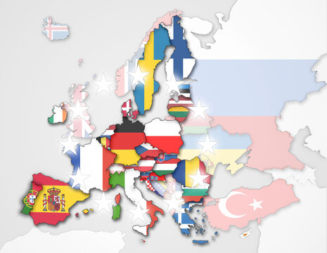 3D Europakarte inkl. Zwergstaaten mit Aufteilung in EU und nicht-EU Staaten, mit EU Sternen