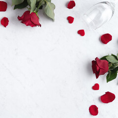 Top view of Valentine day concept with rose and wine, festive gift design concept
