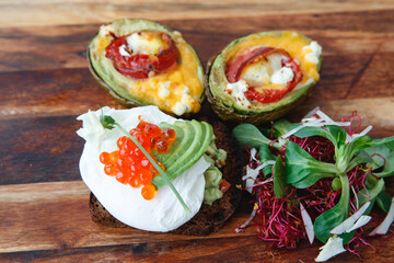 Sandwich with egg, avocado and caviar