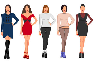Fototapeta premium A set of five girls with a good figure in beautiful clothes of different styles and colors.