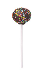 Front view of colorful sprinkles chocolate cake pop