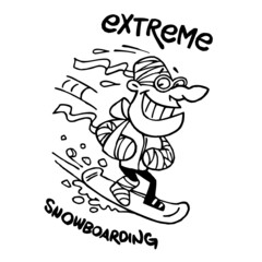 Extreme snowboarding, broken snowboarder in plaster with a bandage on his head goes downhill on a snowboard, winter sport joke, black and white cartoon