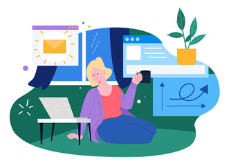 Blonde woman freelancer sitting on the floor at living room and working on laptop. Concept of remote work from home. Flat design Illustration. Vector.
