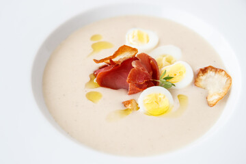 Mushroom soup with egg and bacon