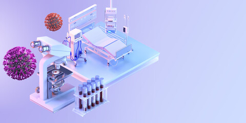 Coronavirus testing: Microscope, covid-19 SARS-CoV-2 laboratory blood tests, first aid hospital ward room intensive care unit medical ICU ventilator. Corona virus 19 isometric 3D medical illustration
