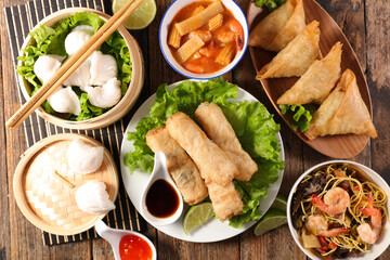 asian food with spring roll, samosa, chinese soup