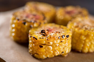 Closeup grilled pieces of sweet corn 