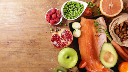 health food selection on wood background