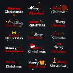 Set of quotes for banner and postcard isolated on black background with New Year attributes. Typography, lettering, badges, emblems, quotes, postcard banner set. Vector illustration