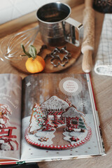 Various kitchen utensils and tools for homemade baking on white style kitchen, ready for cooking. Concept of food preparation. Making pastry concept. Selective focus. Copyspace for text..