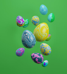 Easter eggs flying on green background. 3D render