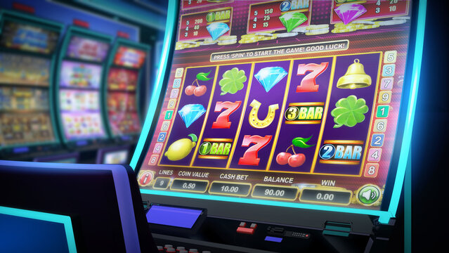 Close up view of a video slot game on a slot cabinet with curved display and neon lights at the casino game room. 3D rendered illustration 