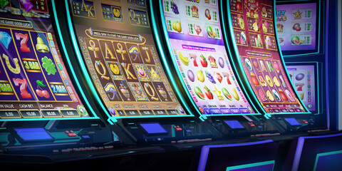 Fototapeta na wymiar Row of video slot machines with curved display and neon lights at the casino. 3D rendered illustration 