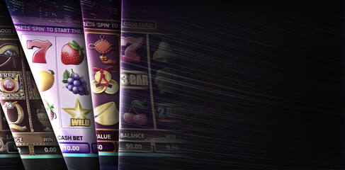 Abstract casino gambling banner with varieties of themed video slot game screens. 3D rendered illustration on dark background with copy space