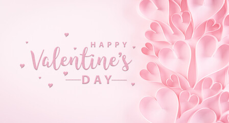 Love and Valentine's day concept. Pink paper hearts on pastel paper background. Flat lay top view with the text.
