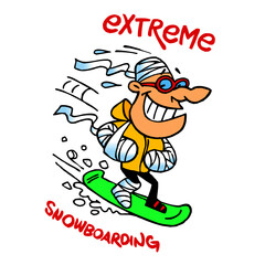 Extreme snowboarding, broken snowboarder in plaster with a bandage on his head goes downhill on a snowboard, winter sport joke, color cartoon