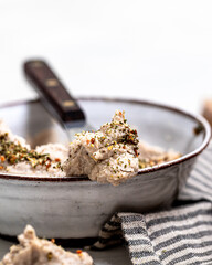 Bread with hummus close up and top down