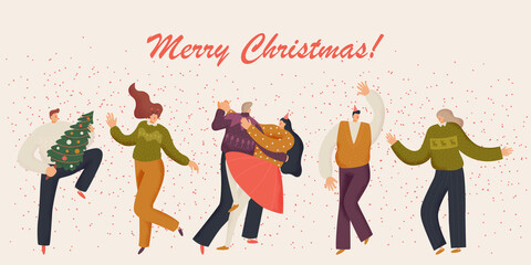 Christmas and people celebrates. Merry Christmas and Happy New Year site with human characters. People are celebrating a New Year's party. Vector illustraton