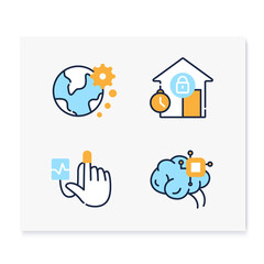 New normal concept color icons set. Health care and prevention culture. Social isolation and global automation. New life after covid19 outbreak. Isolated vector illustrations