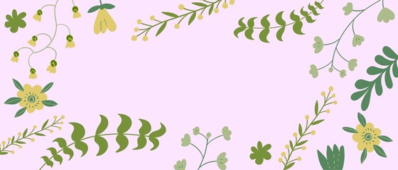 Sfondo banner rosa con foglie verdi, rami e fiori illustrazione 