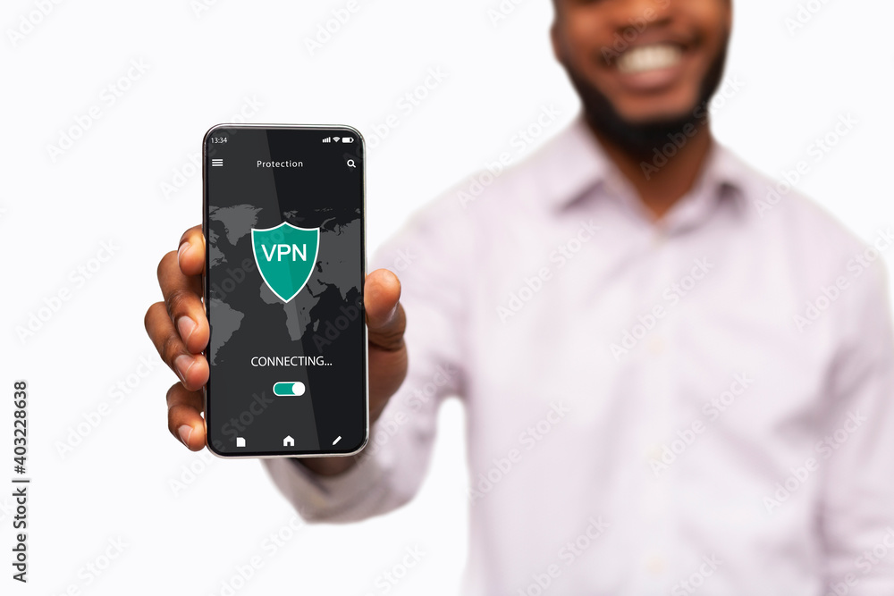 Poster black man holding and showing smartphone with vpn app