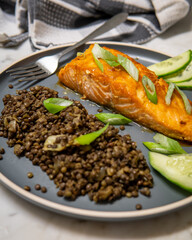 Selective focus on a baked honey-soy glazed salmon fillet served with black beluga lentils with cucumber and green onions. Healthy fresh salmon steak for lunch or dinner. Side view