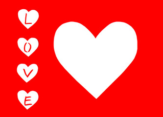 Greeting card for Valentine's Day. Love is made of white hearts and a large white heart centered on a red background. Flat lay, copy space.