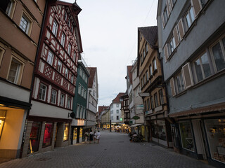 Pedestrian zone cobblestone street road with half-timbered houses in Esslingen am Neckar...