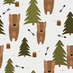 Seamless pattern, bears, fir trees, arrows, hand drawn overlapping backdrop. Colorful background vector. Illustration with animals. Decorative wallpaper, good for printing - 403229671