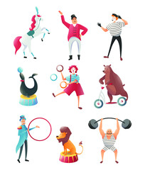 Fototapeta na wymiar Set of acrobats with animals in the circus. Magic and gymnastic tricks. Image of animals, lion, bear and elephant with circus magician. Vector illustration