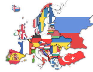 3D Europakarte inkl. Zwergstaaten mit Flaggen der Staaten auf weißem Hintergrund