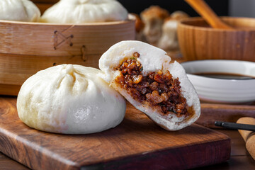 Chinese breakfast. Steamed buns and porridge are on the table