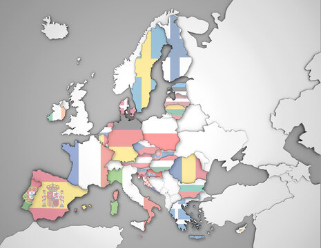 3D Europakarte auf der Portugal hervorgehoben wird und die restlichen Flaggen transparent sind