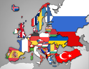 3D Europakarte inkl. Zwergstaaten mit Flaggen der Staaten auf kontrastreicher Karte
