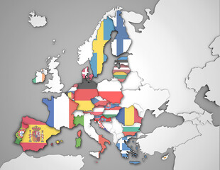 3D Europakarte inkl. Zwergstaaten mit Flaggen der EU Staaten auf kontrastreicher Karte