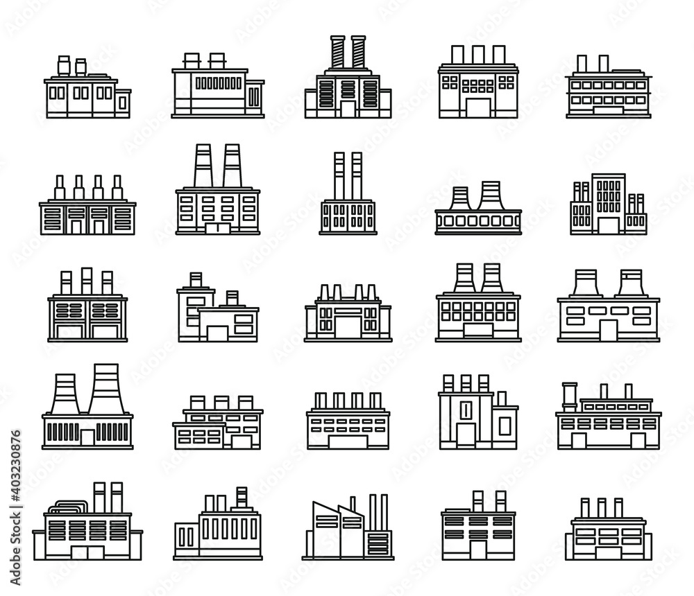 Poster energy recycle factory icons set. outline set of energy recycle factory vector icons for web design 