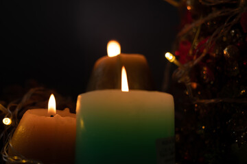 Focus on candles, ready with candles, Christmas trees, and party lights for a luxurious party, new year's Eve atmosphere to welcome the new
