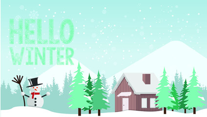 Vector illustration of a winter landscape background banner design. Winter fields landscape with falling snow illustration design image