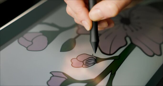 graphic designer draw flower illustration on drawing tablet. digital artist at work