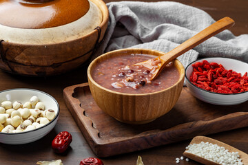 Chinese food. The delicious eight treasures porridge is on the table