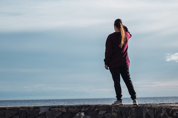 Woman from behind looking at a pier