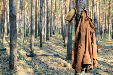 brown jacket hanging on a pine tree in the forest and a hat